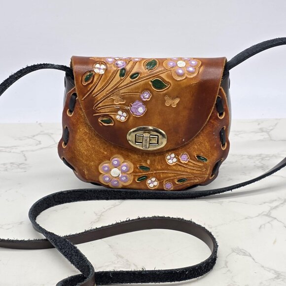 Mexico Handbags - Small Mexican Leather Crossbody Bag Mini Brown Floral Butterfly Tooled Boho